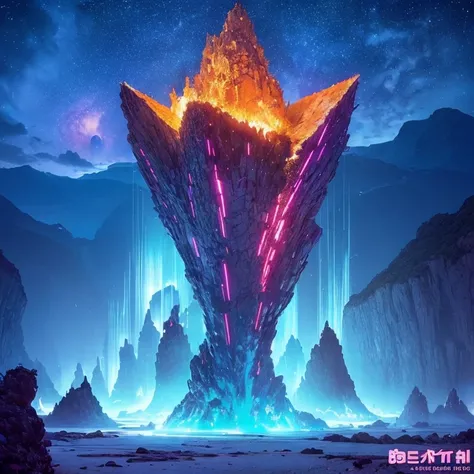 Special-shaped hexagonal base (Very detailed) In the hexagonal mountain oasis，There are multiple hexagonal exhaust fans and chimneys, Some neon lights shoot out from the base，Light up the dark night), There are some clouds in the night sky, Some surroundin...