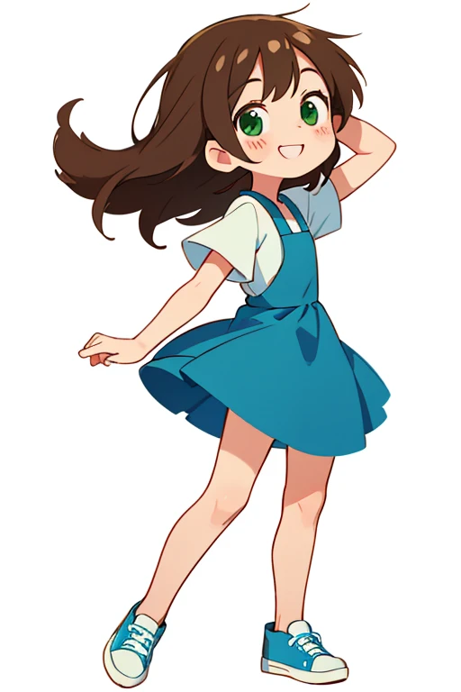 simple chibi style drawing of a cute  smiling doing a straight pose standing with her hands not showing, hands hidden, wearing a blue dress and white sneakers, brown hair and green eyes, full body chibi style