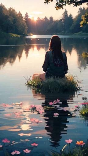 a teenage girl and a lustful man, in a lake, flowers, grass, wind