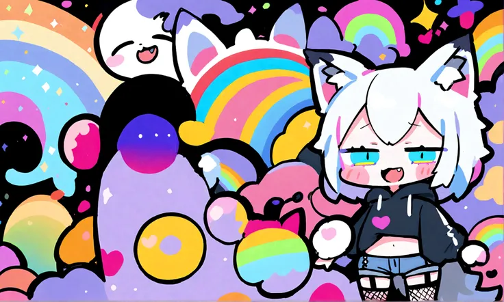 a cute chibi style adult male with wolf ears, white hair, has a wolf tail, wearing a loose cropped oversized black hoodie, wearing a pair of denim short shorts and fishnet stockings, thick thighs, wide hips, dancing on mound of fluffy multi colored kawaii ...