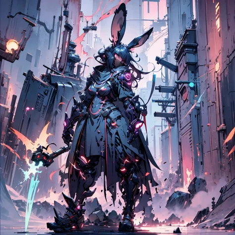 human artificer wizard, suit with magic circuits with neon details, longsword with magic details, whole rabbit ears, fantasy rpg...