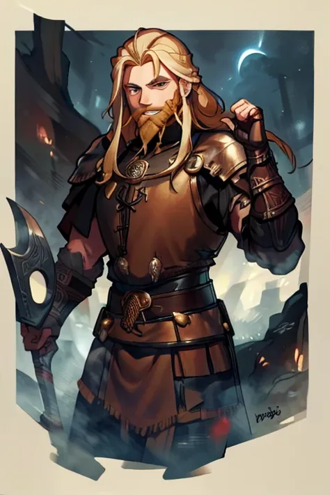 a handsome blonde haired man with blue eyes with long hair and a dark beard in a viking outfit is exploring a cave system with a...