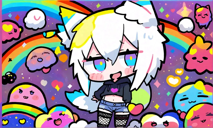 a cute chibi style adult male with wolf ears, white hair, has a wolf tail, wearing a loose cropped oversized black hoodie, wearing a pair of denim short shorts and fishnet stockings, thick thighs, wide hips, dancing on mound of fluffy multi colored kawaii ...