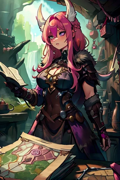 A pink haired woman with a violet eyes with an hourglass figure wearing a fancy Viking princess outfit is reading a map in a cave system