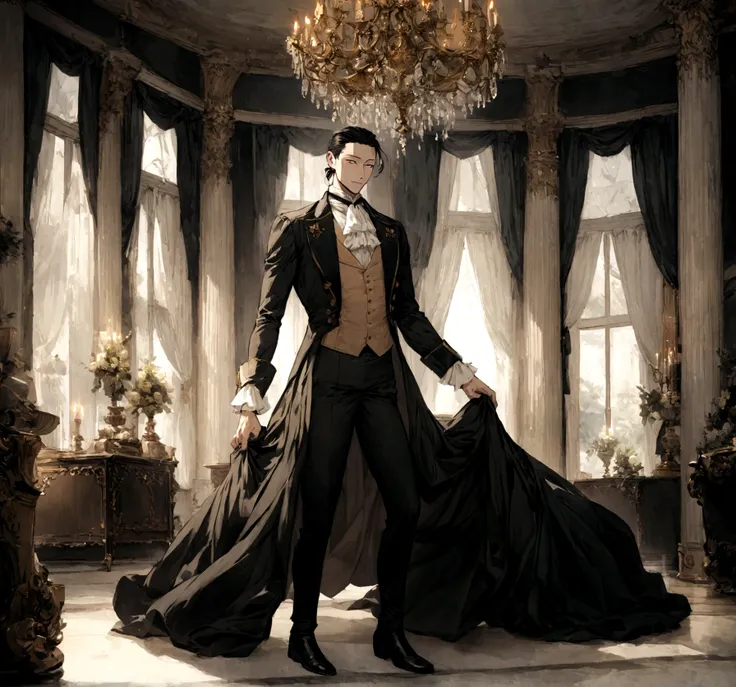 Suguru Geto from Jujutsu Kaisen dressed in Regency-era attire, like Mr. Darcy from Pride and Prejudice. He wears a dark blue tailcoat with brass buttons, a crisp white high-collared shirt with a cravat, beige waistcoat, and fitted black trousers. His black...