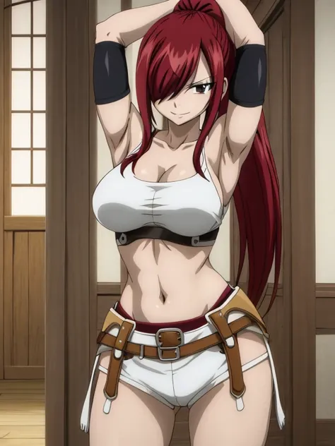 masterpiece, best quality, highres, anime style, anime official art,fairy tail, 1girl, long hair, red hair, ponytail, hair over ...