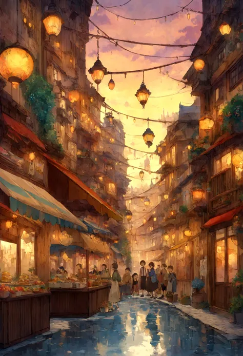 City cafe shop, potted plants, flower, rainny night,water reflection puddle,oriental design, hanging lights , digital painting, sunset,wind up,concept art, illustration, intricate, many people, hanging lights, happy, beautiful colorful light, flower, plant...