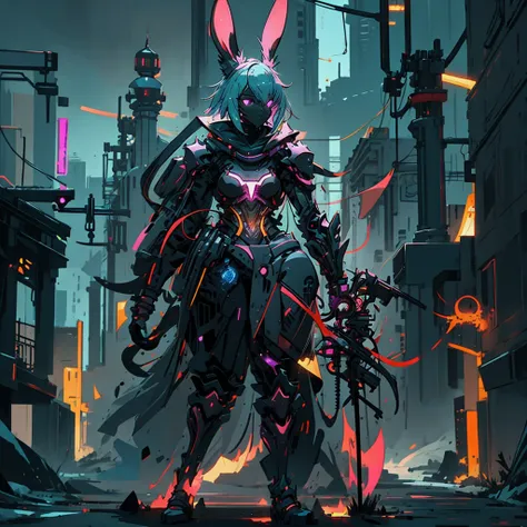 human artificer wizard, suit with magic circuits with neon details, longsword with magic details, whole rabbit ears, fantasy rpg...