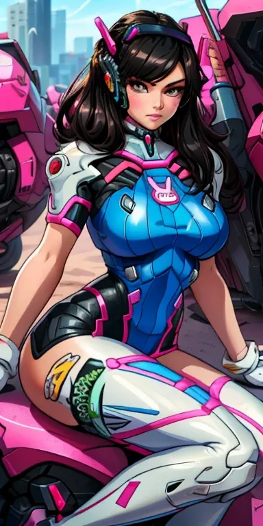 D.va overwatch style, d.va, Beautiful woman, mercenary, heroic, , sitting cross-legged, wet beachwear, long breasts, detailed realistic cyberpunk style, black hair, masterpiece, extreme quality, perfect eyes, perfect body, perfect face, cinematic light, di...