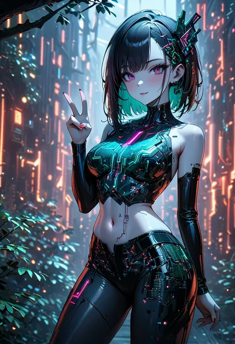 beautiful cyberpunk girl wearing a futuristic hair accessories, (delicate skin), pale skin, in a deep neckline black crop top ma...