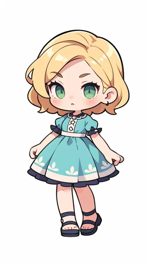 simple chibi style drawing of a cute girl, wearing a blue dress, blonde hair and green eyes, perfect hands