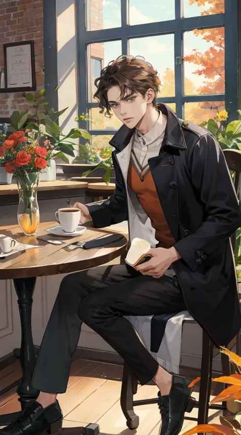 (Masterpiece, hiquality, absurdress), 1male, dark hair, Wavy Hair, The eyes are green, a perfect face, sports body, solo,  Male body, male focus, Detailed eyes and face,  Cozy café, lots of flowers, a table, Drinking coffee, Eat Cake, sitting at a table in...