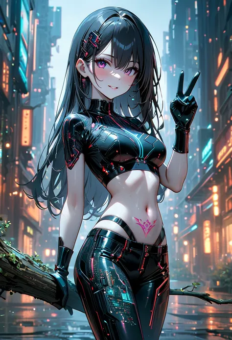 beautiful Cybernetics girl wearing a Futuristic Hair accessories, (Delicate skin), Pale skin, black crop top made of circuit boards, Navel tattoo, sexy Futuristic cyberpunk underpants, on branch, v, Japanese words with glitter effect, cyberpunk City backgr...