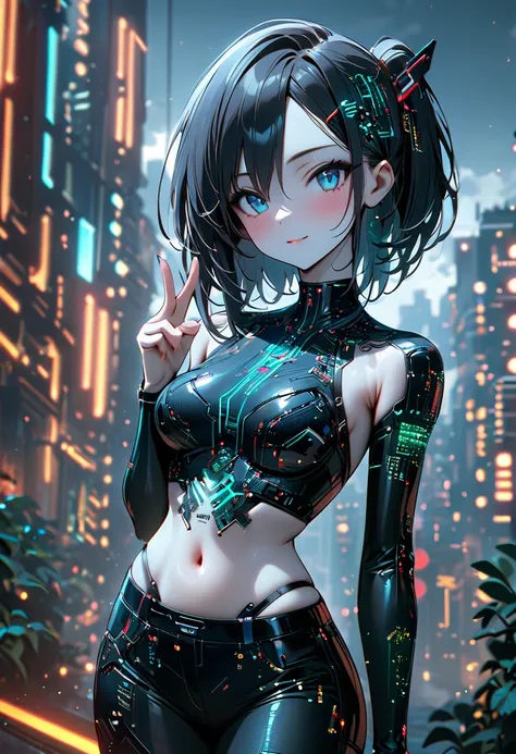 beautiful cybernetics girl wearing a futuristic hair accessories, (delicate skin), pale skin, black crop top made of circuit boa...