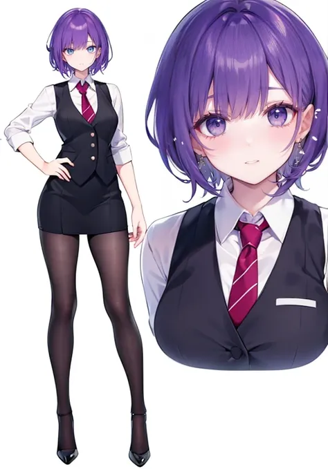 ((perfect face)),purple hair,short hair,1 female,bartender,,black vest,tie,high heels,,((simple white background)),((smile)),((f...