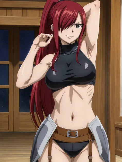 masterpiece, best quality, highres, anime style, anime official art,fairy tail, 1girl, long hair, red hair, ponytail, hair over one eye, brown eyes, seductive smile, large breasts, wearing full armor, cowboy shot, indoors, arms up,armpits, armpits visible