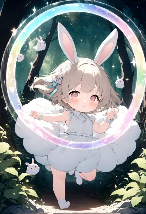 best quality, super fine, 16k, extremely detailed, 2.5D, delicate and dynamic, adorable fantasy story, round fluffy baby bunnies, white, grey, brown, hopping through the forest, transparent and translucent iridescent barrier, sparkling frame made of pastel...
