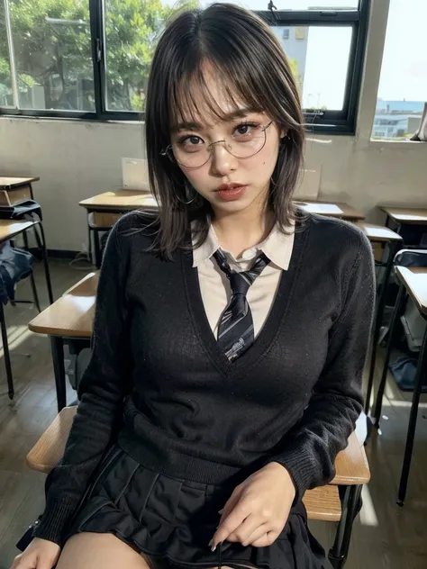 ((Wearing black-rimmed glasses:1.4))realistic school girl panties upskirt, 1girl, , high school girl, detailed panties,  skirt, upskirt, pleated skirt, high school, beautiful detailed eyes, beautiful detailed lips, extremely detailed eyes and face, long ey...