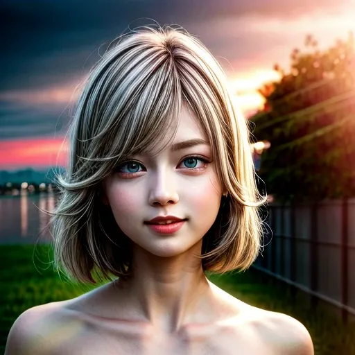 KAWAII girl in RED Tube-Top dress Stroll along evening Harbor, (Acutance:0.85) ZoomLayer, Masterpiece of 8K Ultra-detailed, (VolumetricLighting), (RAW Photo-realistic:1.37), (Close-up:1.38), (Sunseting colorful sky) (Dazzling bokeh:1.32), { (Golden ray ill...