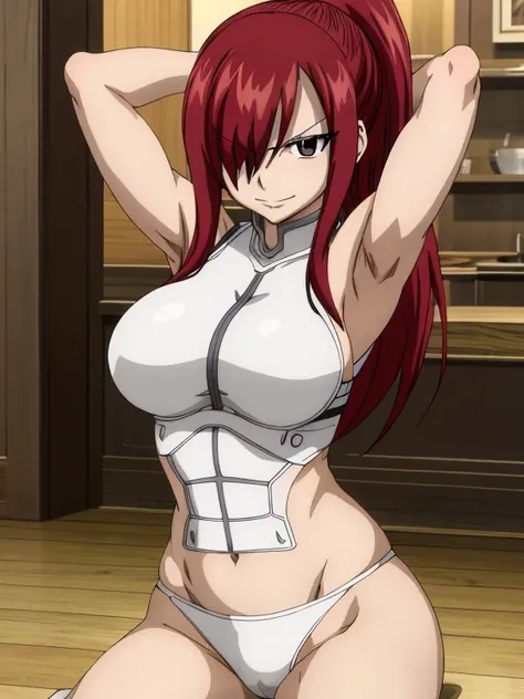 masterpiece, best quality, highres, anime style, anime official art,fairy tail, 1girl, long hair, red hair, ponytail, hair over one eye, brown eyes, seductive smile, large breasts, wearing full armor, cowboy shot, indoors, arms up,armpits, armpits visible,...