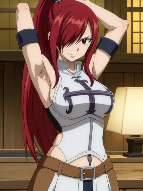 masterpiece, best quality, highres, anime style, anime official art,fairy tail, 1girl, long hair, red hair, ponytail, hair over ...