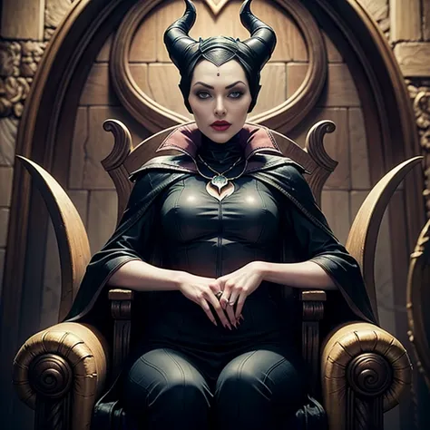 masterpiece, best quality, detailed face, perfect eyes, maleficent, pale skin, green eyes, black cowl, demon horns, throne behin...