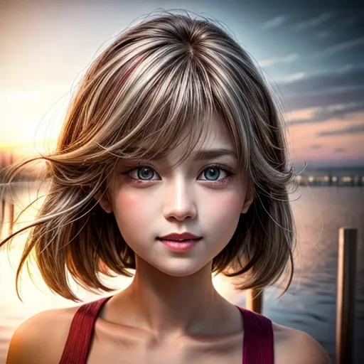 KAWAII girl in RED Tube-Top dress Stroll along evening Harbor, (Acutance:0.85), ZoomLayer, Masterpiece of 8K Ultra-detailed, (VolumetricLighting), (RAW Photo-realistic:1.37), (Close-up:1.38), (Sunseting colorful sky) (Dazzling bokeh:1.32), { (Golden ray il...