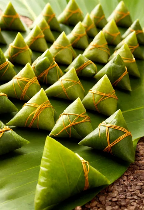 a lot of tiny little people are around triangle food made by steaming glutinous rice, wrapped leaves in the style of, traditiona...