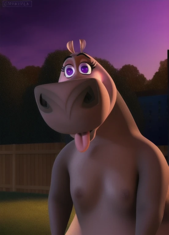 ((Gloria)), hippopotamus, female, (Detailed face), (only:1.1) . . . nsfw, exhibit inside the city zoo behind a fence, facing front, looking at viewer, hypnotized with glowing purple eyes without iris or pupils, tongue out, uploaded to e621