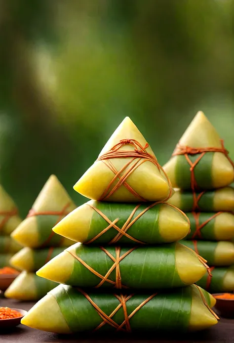 a lot of tiny little people are around triangle food made by steaming glutinous rice, wrapped leaves in the style of, traditiona...