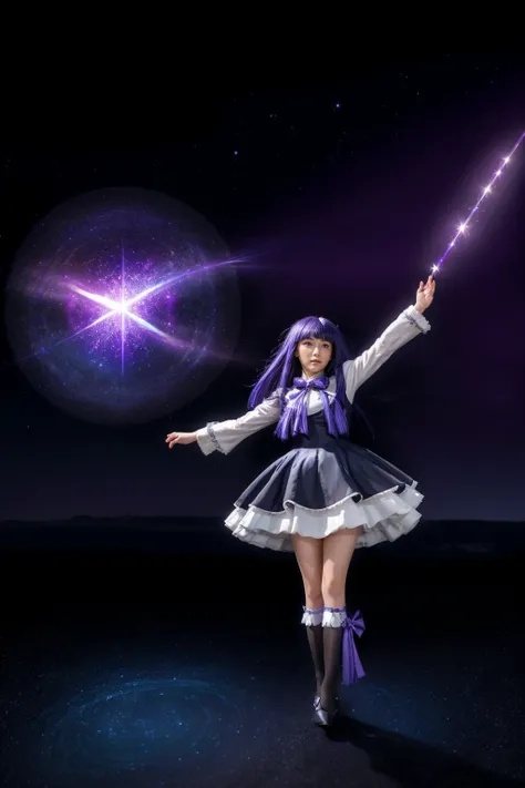 masterpiece,best quality,1girl,frederica bernkastel,purple hair,cat tail,tail bow,purple eyes,tail ornament,dress,bowtie,socks,expressionless,outstretched arms,outer space,surrounded by  floating crystal,cowboy shot,