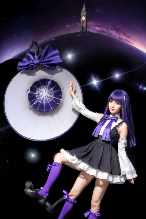 masterpiece,best quality,1girl,frederica bernkastel,purple hair,cat tail,tail bow,purple eyes,tail ornament,dress,bowtie,socks,expressionless,outstretched arms,outer space,surrounded by  floating crystal,cowboy shot,