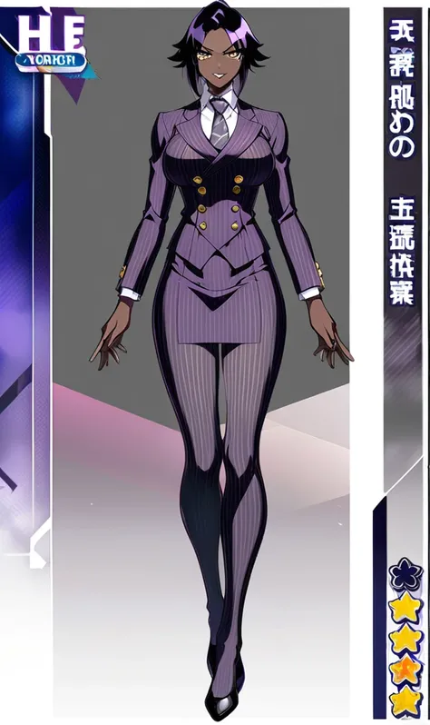  Full body Yoruichi as a thin Black business woman in a double breasted pinstripe purple  skirt suit while wearing a tie with a long purple pinstripe skirt and with purple knee socks full art 
