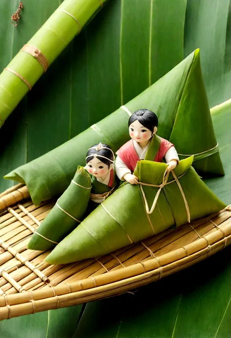 a miniature scene，，a group of miniature people，on a bamboo boat，wrap giant zongzi with bamboo leaves，incredibly creative，tatsuya...