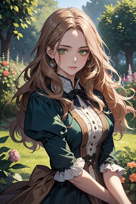 a digital painting of a woman with long brown wavy hair, green eyes, a young noble woman from the 1800s , soft features, navy blue dress, in a garden, portrait style