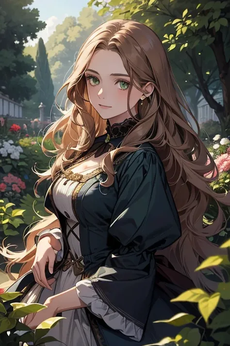 a digital painting of a woman with long brown wavy hair, green eyes, a young noble woman from the 1800s , soft features, navy blue dress, in a garden, portrait style