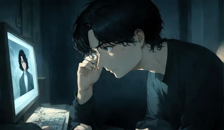 A middle aged man typing on his phone, dimly lit room, looking at the windown, night sky, great art, expression is thoughtful and slightly anxious, hinting at a deeper story. The womman has black hair, slightly curled. 