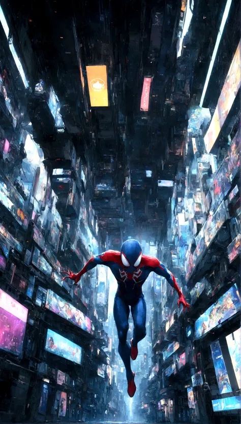 A Spider-Man in Cybernetic City, ultra detail, high resolution, anime, companies