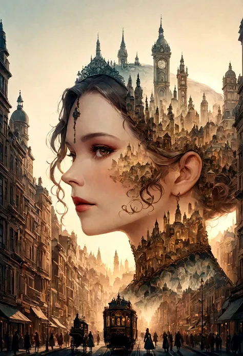    Double exposure of a beautiful and delicate lady(Face clear and perfect)Image，The backdrop is a hyper-detailed Victorian city perfect for, Beautifully, Intricate illustrations, art work concept art work masterpiece, best quality, Super detailed, HD