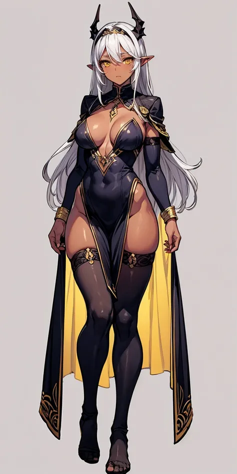 (Masterpiece, plain background:1.2) Female full body, standing straight symmetrical feet together, blood dark elf, dark skin, long messy white hair, circlet, yellow eyes