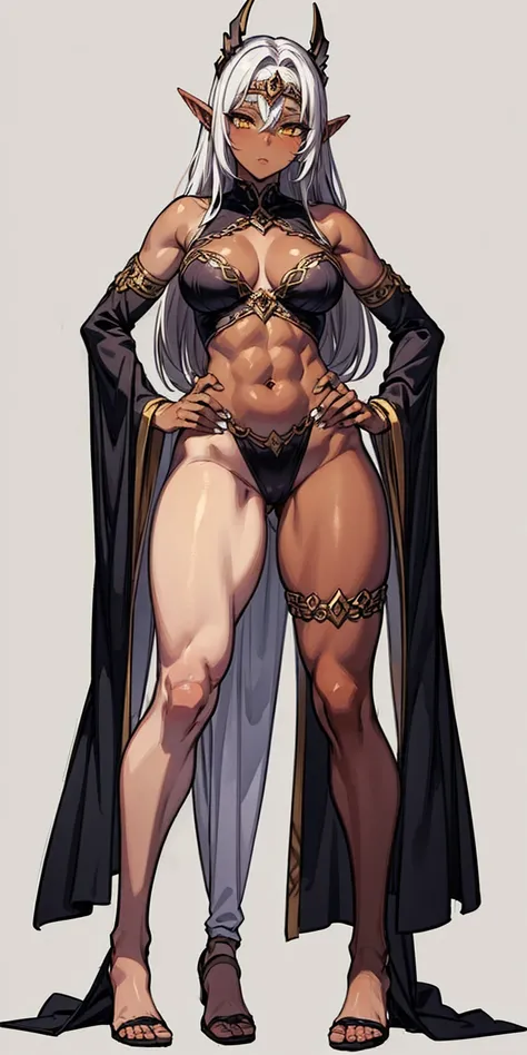 (Masterpiece, plain background:1.2) Female full body, standing straight symmetrical feet together, blood dark elf, dark skin, long messy white hair, circlet, yellow eyes