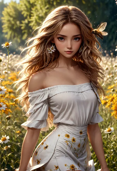 Honey Bee Girl, Photorealistic, full body photo, detailed facial features, subtle skin tones, HD, 8k, ultra high resolution, exquisite details, ultra realistic, Fresh breeze, fluttering hair and mini skirt, Flower field by the river
