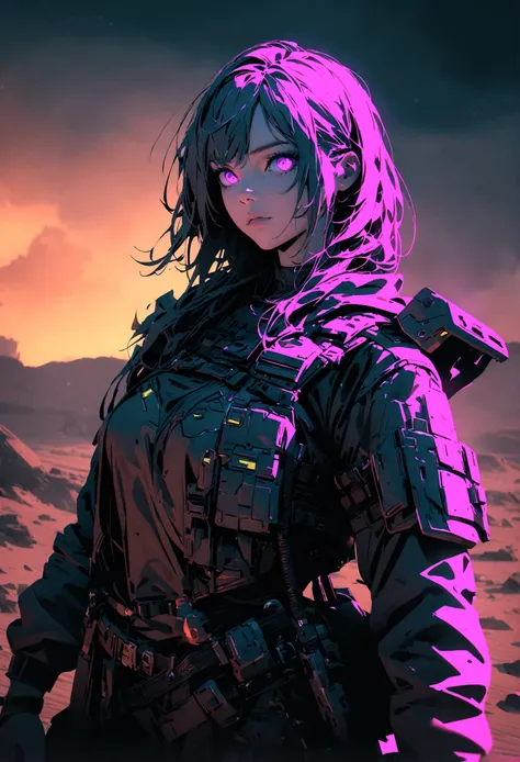 a post-apocalyptic female warrior, detailed cyberpunk armor, scifi weapon, gritty desert environment, dramatic lighting, highly detailed, cinematic composition, moody color palette, (best quality,4k,8k,highres,masterpiece:1.2),ultra-detailed