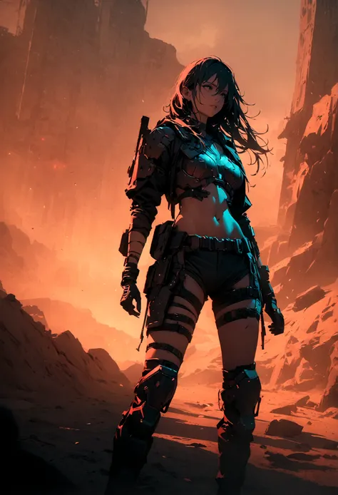 a post-apocalyptic female warrior, detailed cyberpunk armor, scifi weapon, gritty desert environment, dramatic lighting, highly detailed, cinematic composition, moody color palette, (best quality,4k,8k,highres,masterpiece:1.2),ultra-detailed