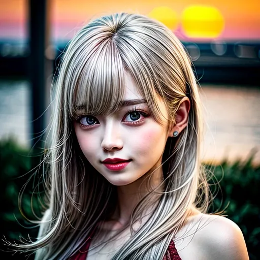 18yo girl in RED Tube-Top dress Stroll along evening Harbor, (Acutance:0.85), ZoomLayer, Masterpiece of 8K Ultra-detailed, (VolumetricLighting), (RAW Photo-realistic:1.37), (Close-up:1.38), (Sunseting colorful sky), (Dazzling bokeh:1.32), { (Golden ray ill...