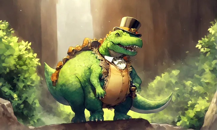 a stubby t-rex wearing a tophat, green scales with an orange belly