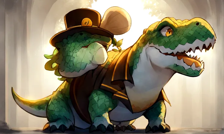 a stubby t-rex wearing a tophat, green scales with an orange belly