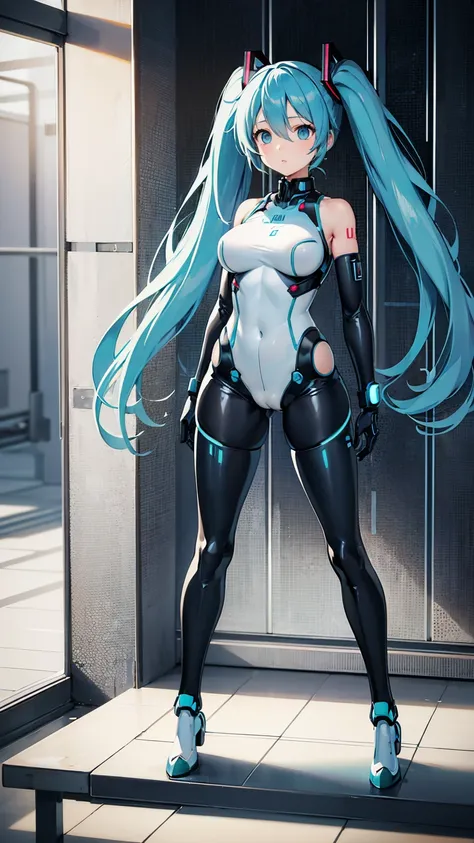 Hatsune Miku Vocaloid, Twin Tails, Light Blue Eyes, Light Blue Hair, black latexfull Body suit, (mecha girl), Cyber punk, Ultimate Physical Beauty, Beautiful Eyes, big breasts, embarrassed look , bedroom, Bigchest, 8K CG, Top Quality, Best Image Quality