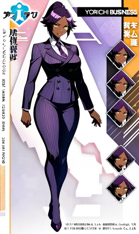  Full body Yoruichi as a thin Black business woman in a double breasted pinstripe purple  skirt suit while wearing a tie with a long purple pinstripe skirt and with purple knee socks full art 
