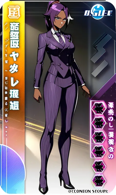  Full body Yoruichi as a thin Black business woman in a double breasted pinstripe purple  skirt suit while wearing a tie with a long purple pinstripe skirt and with purple knee socks full art 
